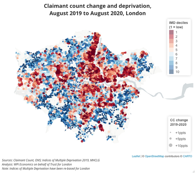 Claimant count change and deprivation map for London
